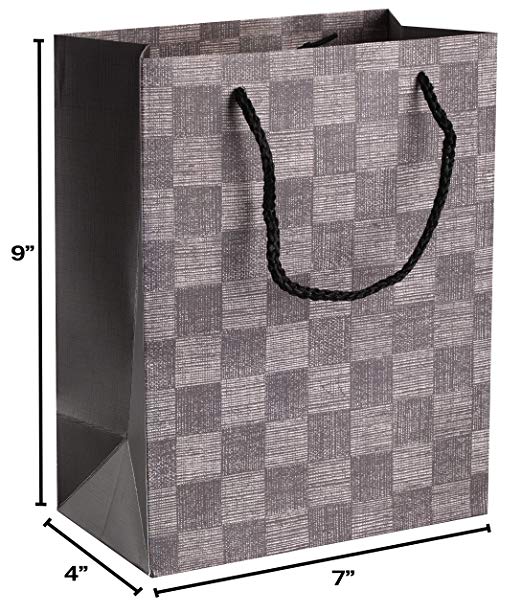 Checkered Gift Bags 9"X 7"X 4" Ash Grey Set 12